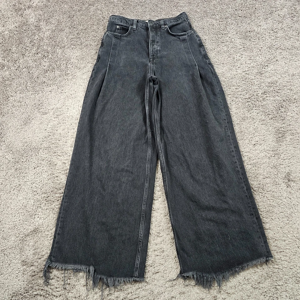 Jeans feminino Free People 28 preto perna larga cintura alta Old West desleixado 26x31 - Imagem 1 de 4