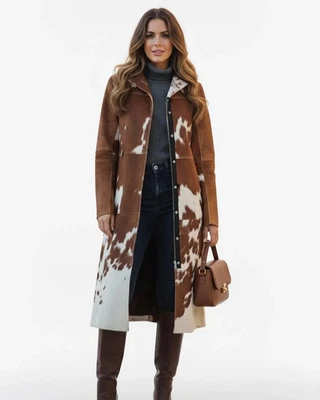 Women's Vintage Cowhide Trench Coat Genuine Pony Skin Hair-On Leather Long Coat - Image 1 of 4