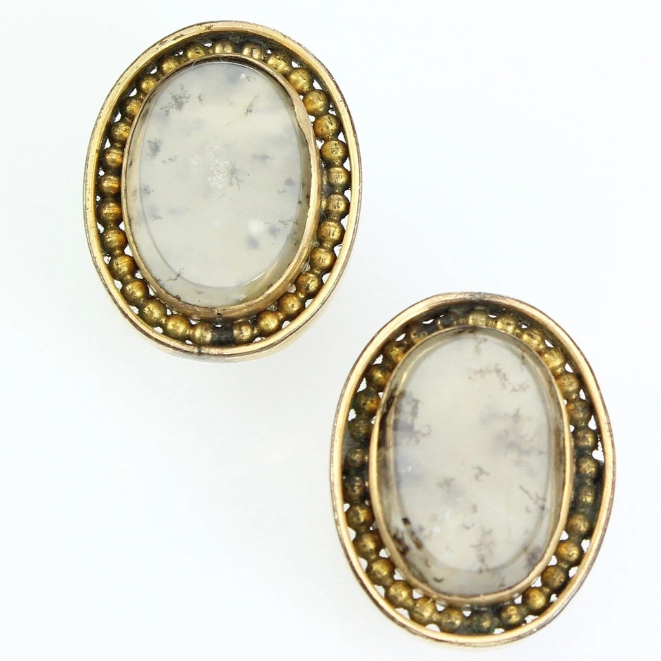 VINTAGE White MOSS AGATE Stone Oval CUFF BUTTONS Antiqued Goldtone Circle Backs - Image 1 of 3