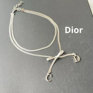 Christian Dior CD Schleife Charm Doppelkette Halskette Choker silberfarben Damen - Bild 1 von 12
