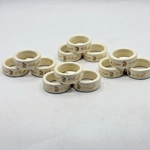 Set Of 12 Ceramic Napkin Rings Cream With Gold Etching 2" - Picture 1 of 10
