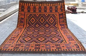 1960s Antique Afghan Maimana Kilim Rug 9x12 Large Geometric Persian Nomadic Rug - Picture 1 of 12