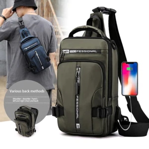 Men Nylon Crossbody Bag with USB Charging Port Multifunction Waterproof Daypack - Picture 1 of 41