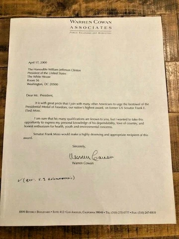 1 ORIGINAL Letter to Pres. Bill Clinton Fm: Warren Cowan / Amer. Publicist Cover