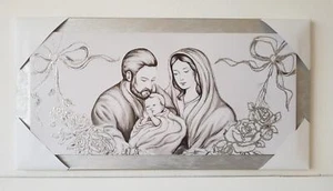 QUADRO MODERNO MEDIO IN LEGNO DECORO ARGENTO CON SACRA FAMIGLIA CAPEZZALE - Picture 1 of 3