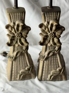 Pair Of Vintage Table Lamps Hibiscus Plaster Table Lamps Mid Century - Picture 1 of 5