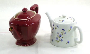 Two Vintage Porcelain Teapots. 1 Solid Terracotta/Brown, 1 Floral White Hall - Picture 1 of 7