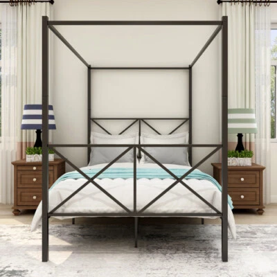 Twin/Full/Queen Size Metal Canopy Bed Frame w/ Headboard Footboard Platform Bed - Image 1 of 4