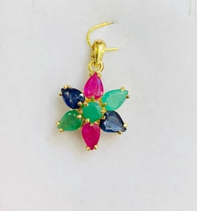 14k Solid Yellow Gold Cluster Flower Pendant Natural Pear Mixed Stones 2.24GM - Picture 1 of 8