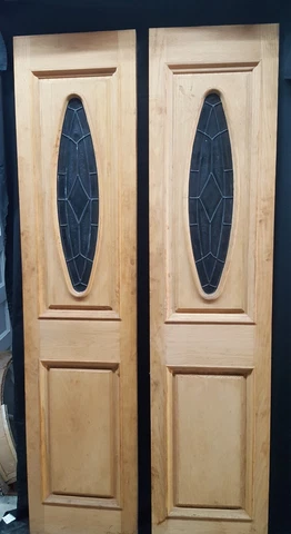 Pair of Solid Oak Side Lites with Oval Textured Leaded Glass & Raised Panels Cover