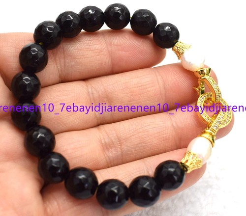 VALENTINO Bracciale perle tonde pietre preziose agata nera sfaccettate naturali 8 10 12 mm 7 5 in