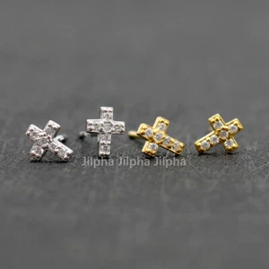 Tiny Cross Sterling Silver Paved CZ Stud Earrings Women A1057 - Picture 1 of 10