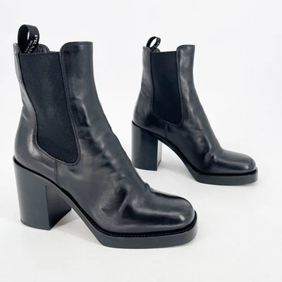 普拉达黑色皮革方头粗跟厚底切尔西踝靴 IT 37.5 — 第 1/4 张图片