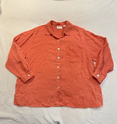 Studio Works 衬衫女式 2XL 100% 亚麻纽扣领纯色珊瑚橙色红色 — 第 1/4 张图片