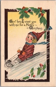 Vintage 1910s MERRY CHRISTMAS Greetings Postcard Boy on Snow Sled / BS #609 - Picture 1 of 2