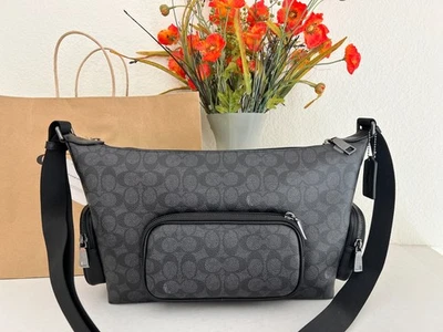 NWT Coach CCG18 Finn Crossbody Bag With Pockets Signature&Leather Charcoal Black - Image 1 of 4