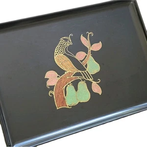 Vassoio vintage MCM Couroc pernice pera intarsiato nero verde rosa uccellino Natale - Foto 1 di 9
