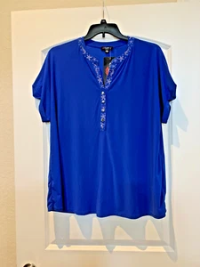 Beautiful NWT Cocomo plus bright blue beaded short sleeve summer seashore top 2X - Picture 1 of 4