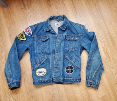 Jaqueta jeans selvedge vintage Maverick Blue Bell etiqueta branca desgastada remendada 36 - Imagem 1 de 4