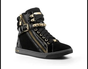Michael kors glam studded black suede gold pyramid stud hightop sneakers 10/41 - Picture 1 of 8