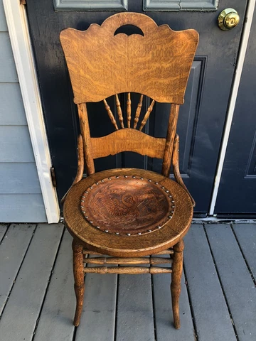 Antique Tiger Oak Wood Chair with Tooled Leather Seat Phoenix Design Cover