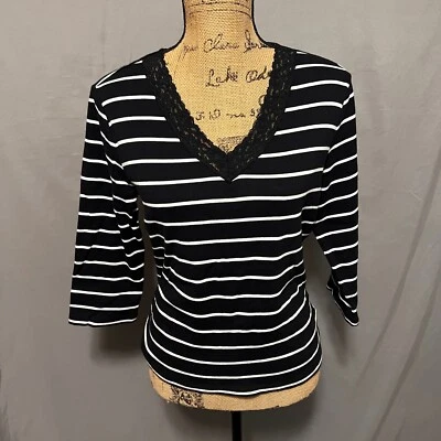 Chaps Striped Top Lace V-Neck 3/4 Sleeve Cotton Classic Tee Black White Size L - Image 1 of 4