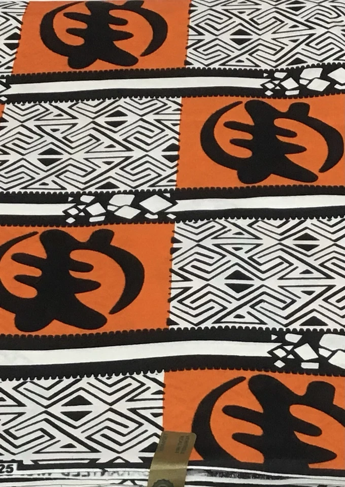 Tela estampado africano, Gye Nyame, naranja, blanco, negro, gye es grande Foto 1 de 1