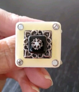 Vintage T Street Paris Adjustable Retro Ring Square Cream Black Enamel - Picture 1 of 6