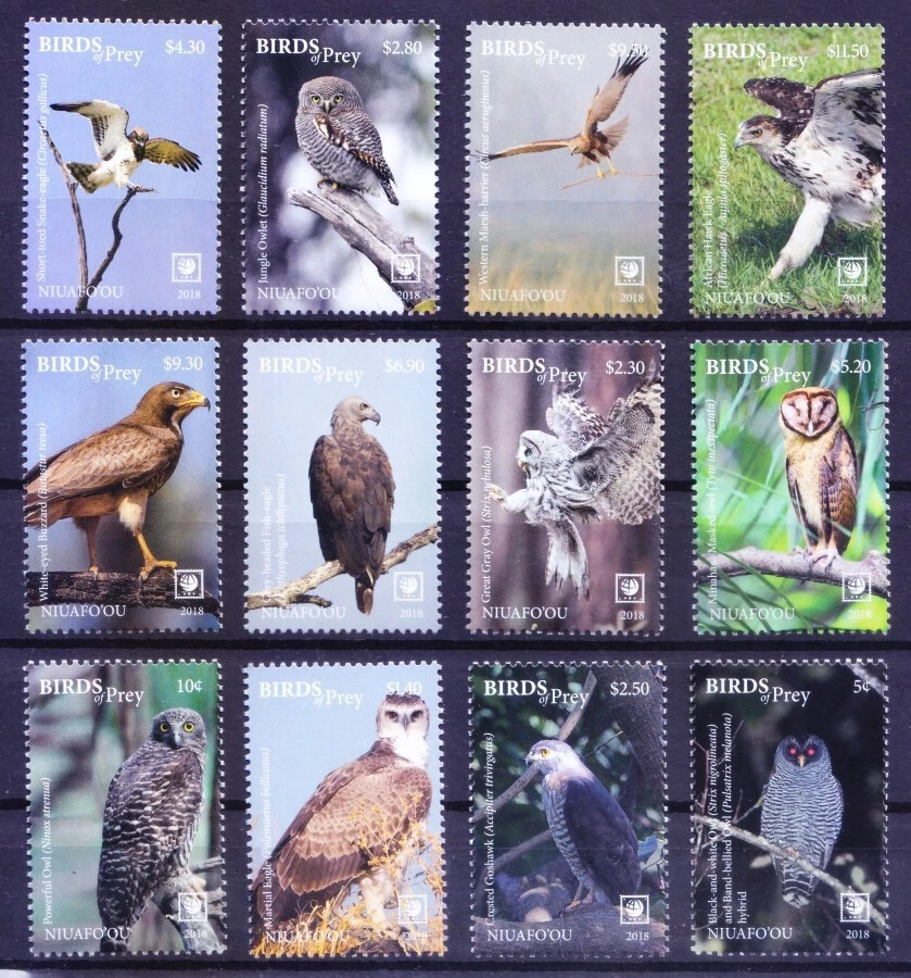 Niuafo ou 2018 MNH 12v, Birds of Prey, Owls, Eagles, Michel TO-NI 694-705KB - Image 1 of 1