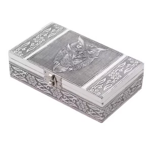 Handcrafted Owl Embossed Rectangular Aluminium Oxidized Storage Box - NEW - Picture 1 of 6