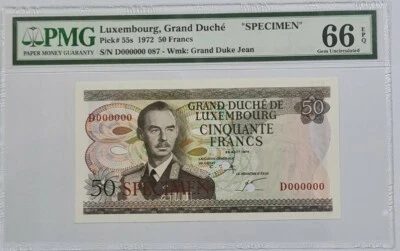 1972 LUXEMBOURG 50 Francs "SPECIMEN" PMG66 EPQ GEM UNC {P-55s} 'No.087' - Image 1 of 4