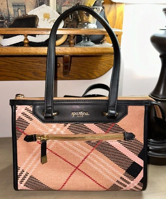 New SPARTINA 449 Telfair Bella Tote Shoulder bag purse Pink plaid black leather - Image 1 of 4
