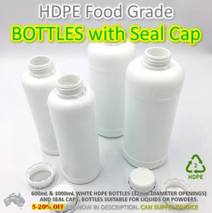 HDPE STORAGE BOTTLES & SEAL CAP 600mL 1000mL Liquid Powder Food Container - Picture 1 of 6