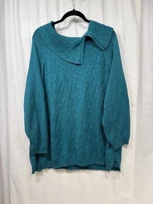 Catherines Sweater Womens 3X Plus 26/28W Blue Knit Split Cowl Neck Cotton - Image 1 of 4