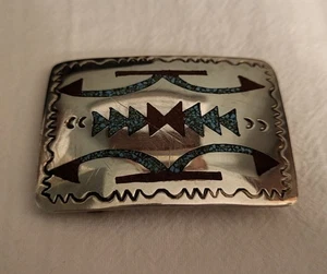 HB NAVAJO ZUNI STERLING SILVER TURQUOISE CORAL BELT-BUCKLE 20 GRAMS - Picture 1 of 6