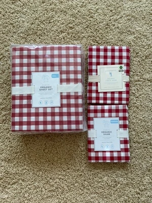 NUEVO Juego de sábanas Pottery Barn Kids COMPLETO rojas orgánicas a cuadros y 2 fundas estándar Foto 1 de 4