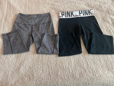 Pantalones Capri ROSA Victorias Secret con Logotipo Bling Banda Plegable y Lavado Negro M Foto 1 de 4
