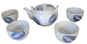 Vintage Porzellan Teekanne & (4) Tasse Set Handarbeit Made in Japan Fischmotiv EUC - Bild 1 von 12
