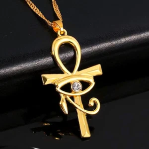 Mens Gold Egyptian Eye of Horus Ankh Cross Pendant Protection Necklace Chain 20" - Picture 1 of 4