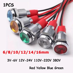 6/8/10/12/14/16mm LED Metal Waterproof Indicator Light 3-380V Signal Lamp w/Wire - Picture 1 of 11