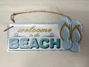 Welcome to the Beach Retro Hanging Sign Vintage Man Cave, 15 x 6" Nautical Ocean - Picture 1 of 4