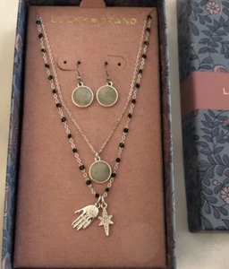 Lucky Brand Silver Tone Double Layered Necklace & Drop Earrings NIB - Picture 1 of 14