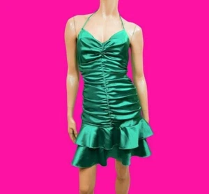 Y2K  Teal Satin Ruched ruffled Mini Dress Size 7 Halter Neck Party Cocktail - Picture 1 of 5