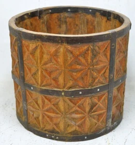 Vintage Wooden Round Grain Measurement Pot Mana Original Old Carved Metal Fitted - Picture 1 of 7