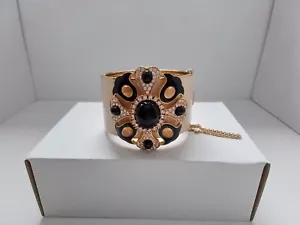 J.CREW WIDE HEAVY ENAMEL RHINESTONE FLOWER CUFF BRACELET BLACK AND CREAM - Picture 1 of 15