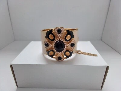 J.CREW WIDE HEAVY ENAMEL RHINESTONE FLOWER CUFF BRACELET BLACK AND CREAM - Image 1 of 4
