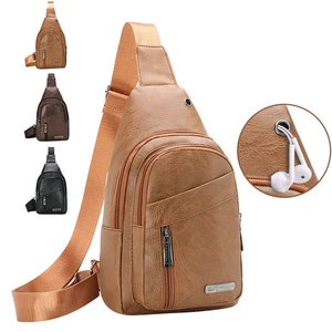 Men Leather Chest Pack Casual Small Crossbody Wallet Backpack with Earphone Hole - Picture 1 of 16
