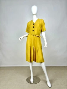 Vintage 1930s 1940s Yellow Rayon Dress with Strawberry Novelty Buttons AS IS - Picture 1 of 18