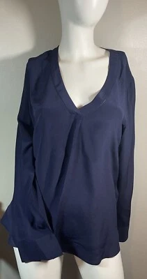 J. Crew Size 8 SILK Blouse Navy Blue Long Sleeve V-Neck Top - Image 1 of 4