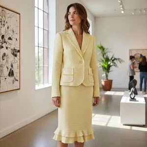 Ann Taylor Gelb Baumwolle Viskose Rock Anzug Set Jacke 8P Rock 6 Top - Bild 1 von 15